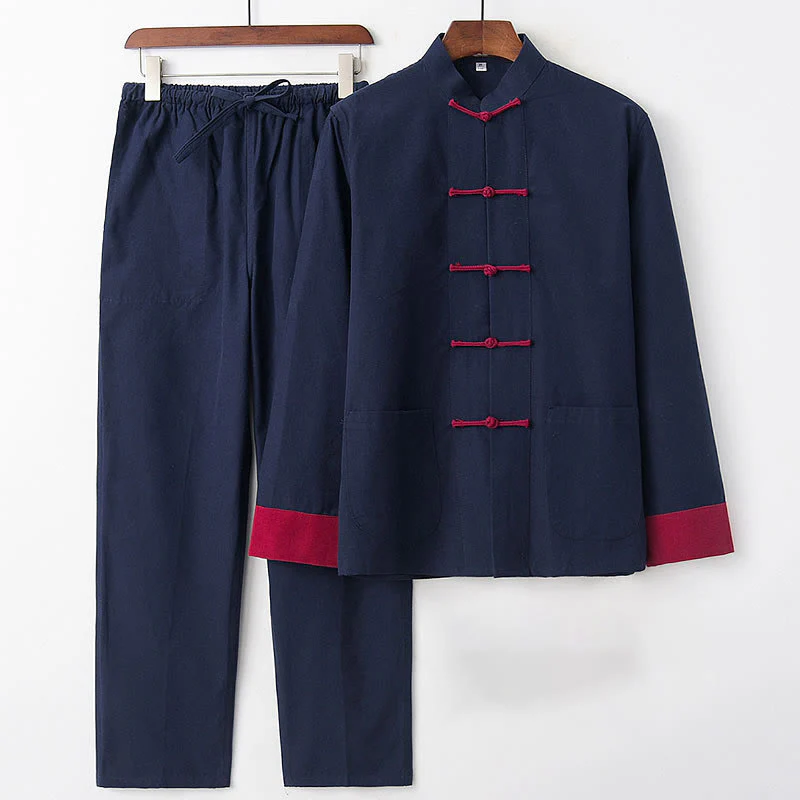 Mocoer 2Pcs Fall Men's Tang Suit Frog-Button Cotton Long Sleeve Shirt Pants Set - Mocoer
