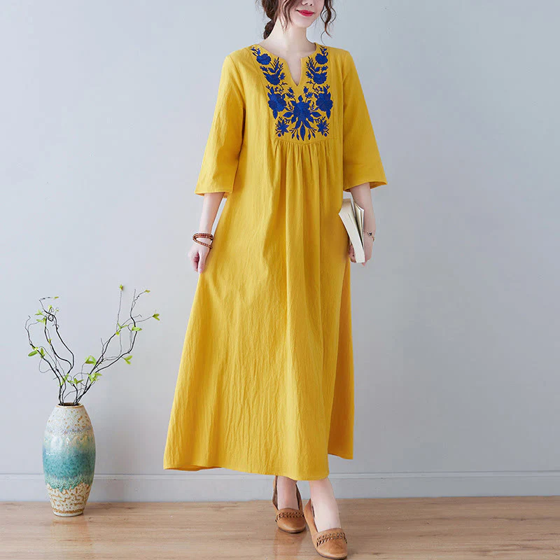 Mocoer Casual Bohemia Embroidery Floral Simple Design Three Quarter Sleeve V-Neck Cotton Linen Maxi Dress - Mocoer