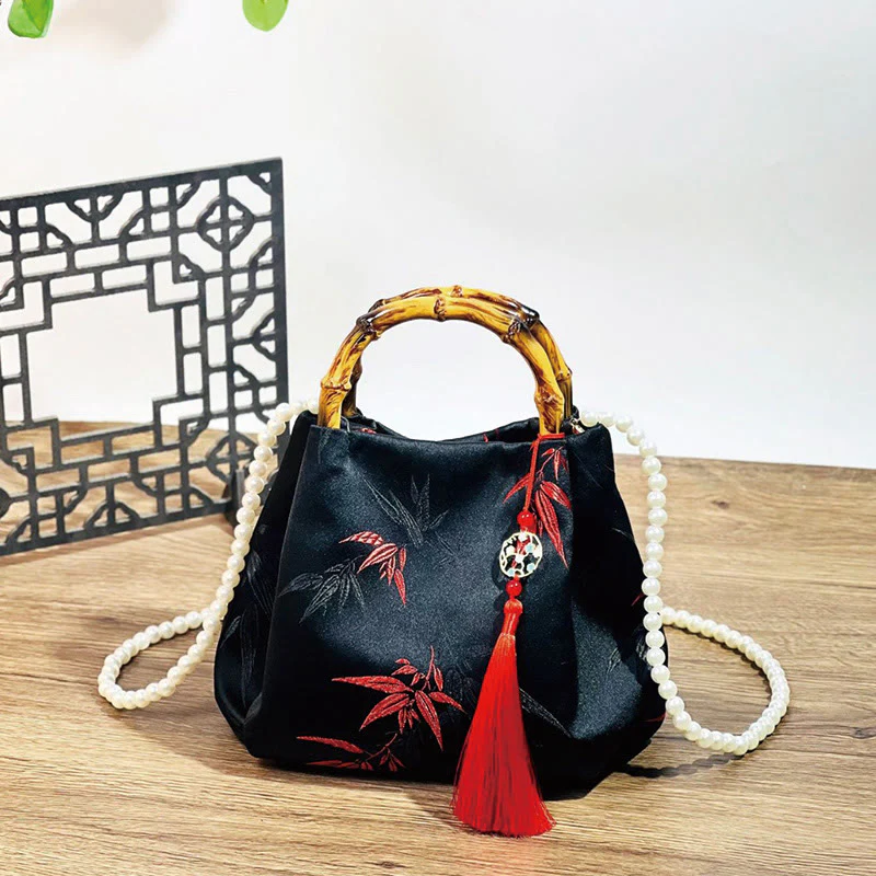 Mocoer Polyester Cotton Embroidery Leaves Bamboo Handle Pearl Crossbody Bag Hangbags - Mocoer