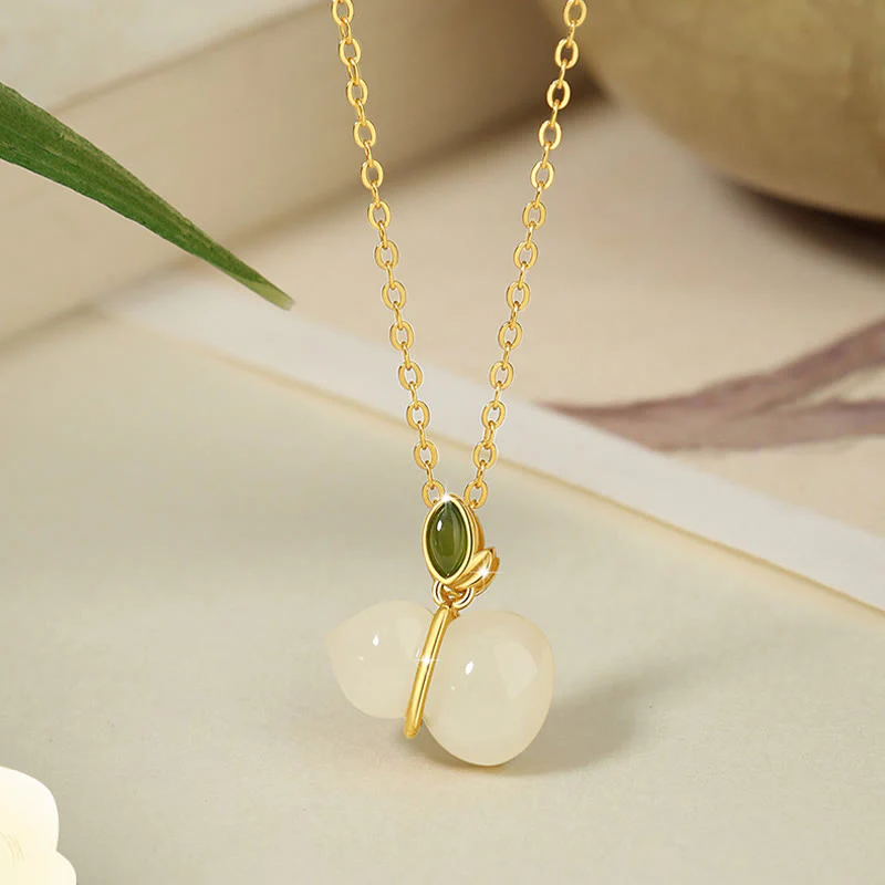Mocoer 925 Sterling Silver Hetian Jade Gourd Abundance Necklace Pendant - Mocoer