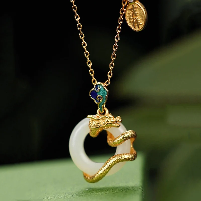 Mocoer Year Of The Dragon 925 Sterling Silver Hetian White Jade Peace Buckle Auspicious Clouds Success Necklace Pendant - Mocoer