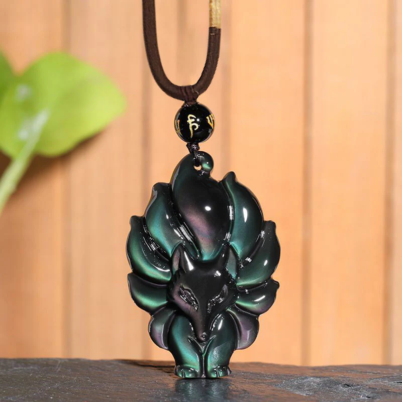 Mocoer Natural Rainbow Obsidian Gold Sheen Obsidian Nine Tailed Fox Positive Necklace Pendant - Mocoer