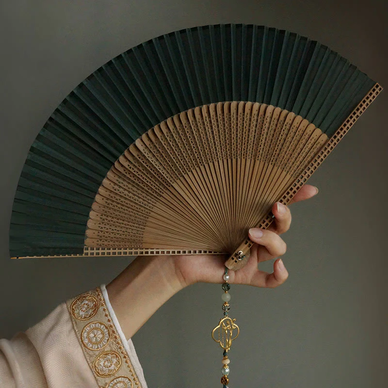 Mocoer Dark Green Tassel Hollow Rib Silk Handheld Bamboo Folding Fan - Mocoer