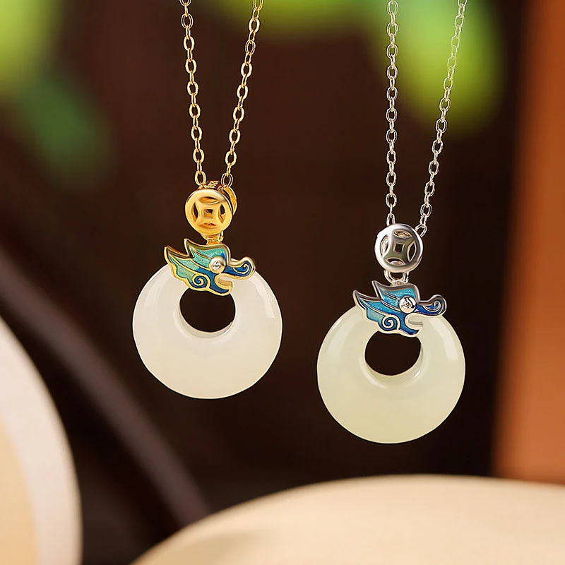 Mocoer 925 Sterling Silver Plated Gold Year of the Dragon Hetian Jade Peace Buckle Copper Coin Abundance Necklace Pendant - Mocoer