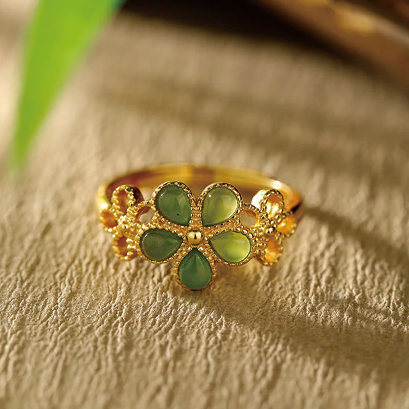 Mocoer Natural Hetian Jade 925 Sterling Silver Plated Gold Flower Adjustable Prosperity Ring - Mocoer