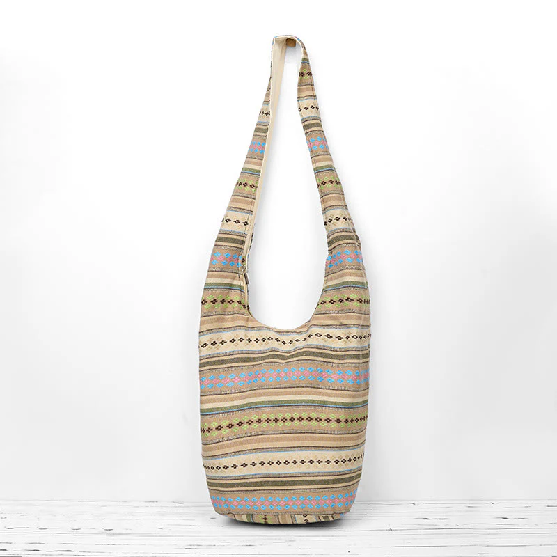 Mocoer Khaki Brown Geometric Stripes Pattern Cotton Crossbody Bag Shoulder Bag - Mocoer