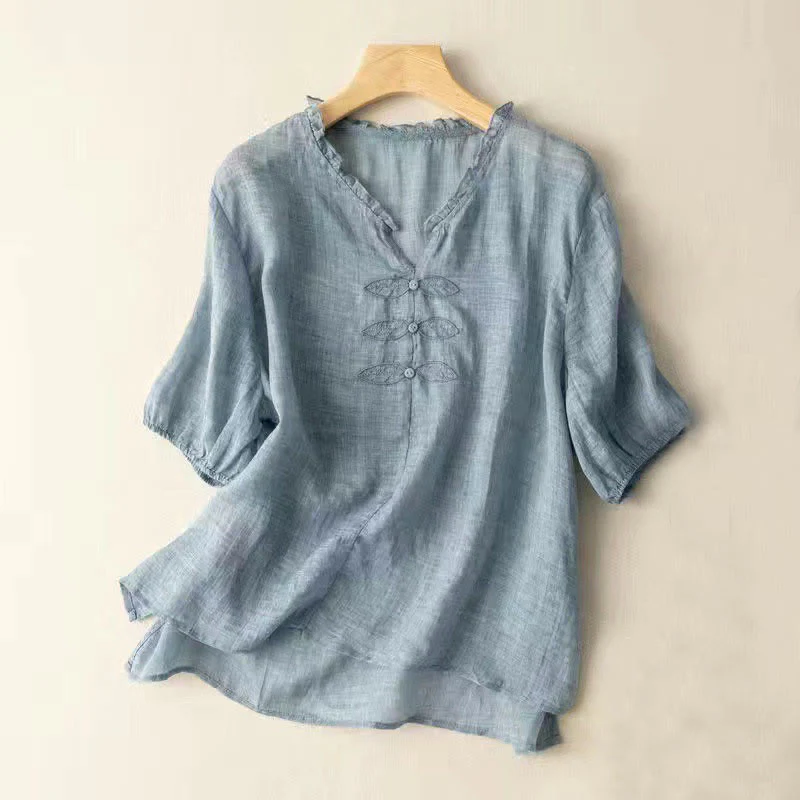 Mocoer Casual Embroidery Leaf Ungus Edge Wrinkle Women's V-neck Design Half Sleeve Cotton Shirt - Mocoer