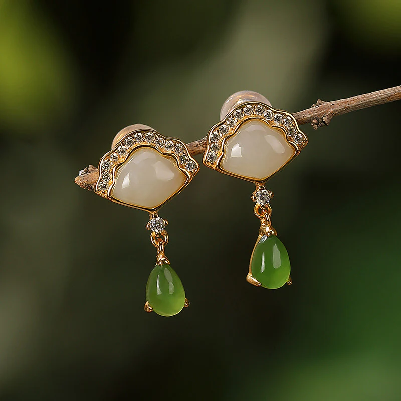 Mocoer White Jade Cyan Jade Fan Water Drop Pattern Luck Drop Earrings - Mocoer