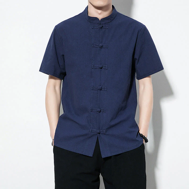Mocoer Casual Solid Color Front Frog Buttons Chinese Tang Suit Short Sleeve Linen Men's Shirt - Mocoer