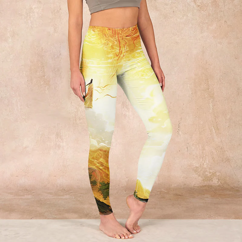 Mocoer Golden Auspicious Cloud Figure Print Fitness Leggings Women's Yoga Pants - Mocoer