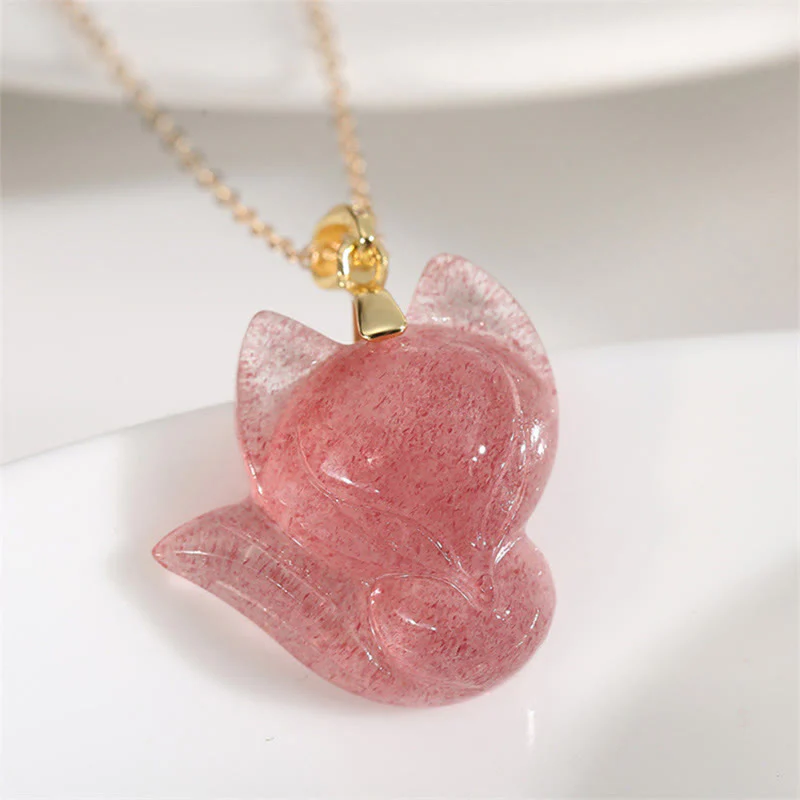 Mocoer 14k Gold Plated 925 Sterling Silver Strawberry Quartz Fox Healing Necklace Pendant - Mocoer