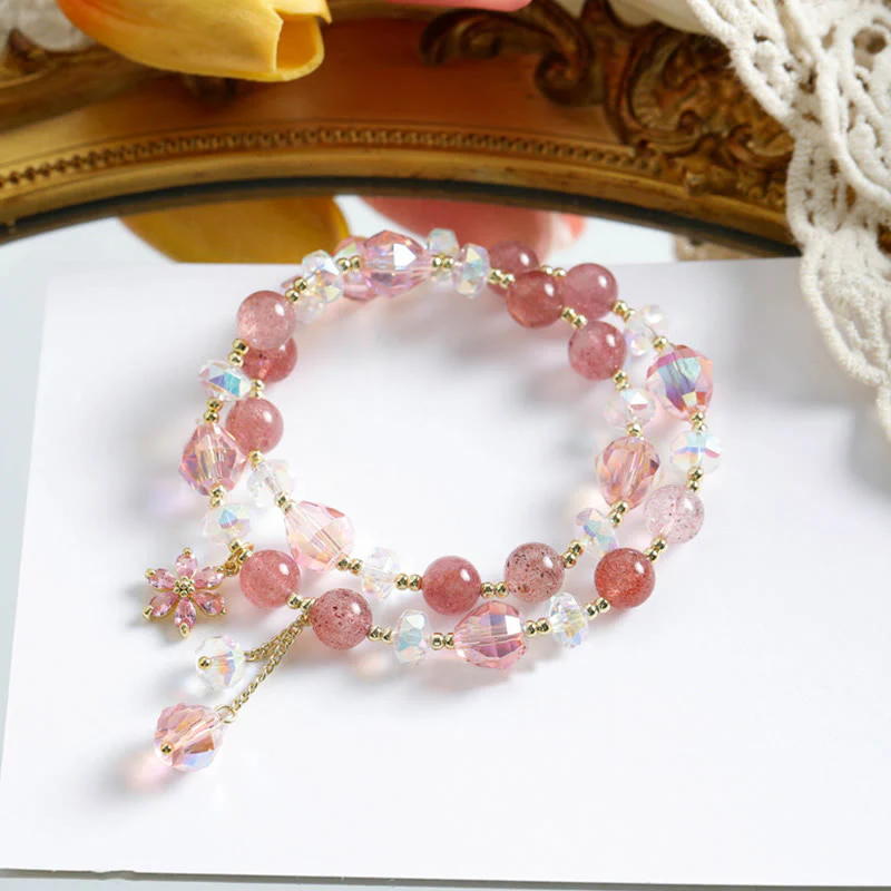 Mocoer Strawberry Quartz Zircon Flower Healing Double Wrap Bracelet - Mocoer