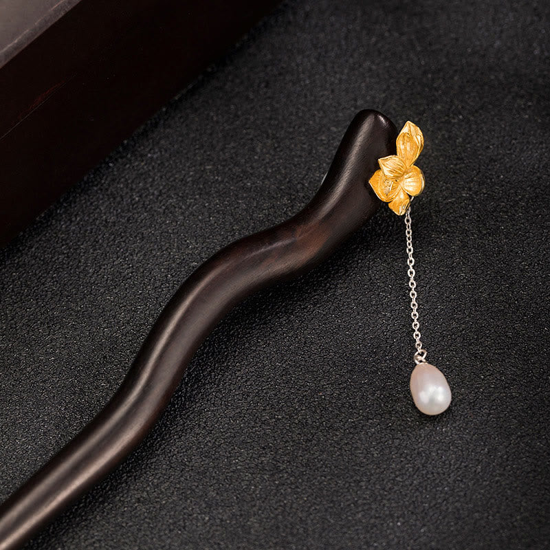 Mocoer 925 Sterling Silver Classical Chinese Style Ebony Lotus Flower Pearl Tassel Blessing Hairpin - Mocoer