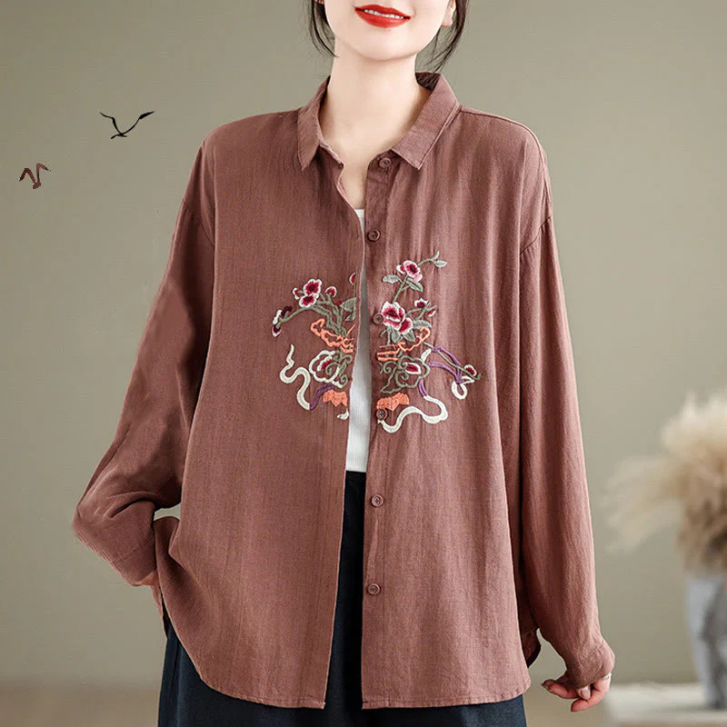 Mocoer Flower Embroidery Long Sleeve Cotton Linen Women's Shirts - Mocoer