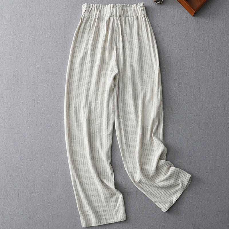 Mocoer Vertical Striped Cotton Linen High Waist Wide Leg Pants With Pockets - Mocoer