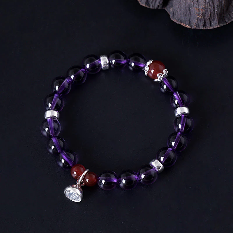 Mocoer 925 Sterling Silver Natural Amethyst Red Agate Lotus Positive Bracelet - Mocoer