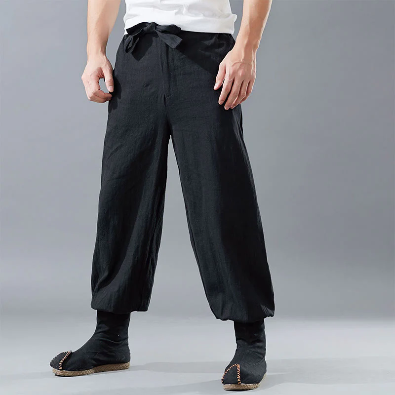 Mocoer Solid Color Front Zipper Ramie Linen Men's Pants With Pockets - Mocoer