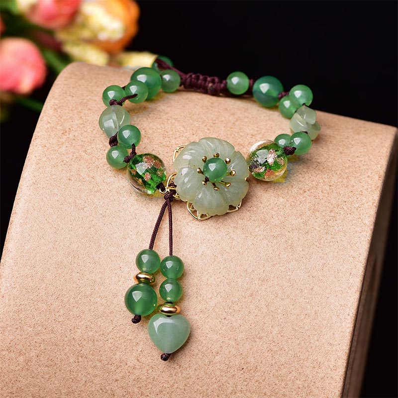Mocoer Natural Green Jade Luck Dangling Flower Bracelet - Mocoer