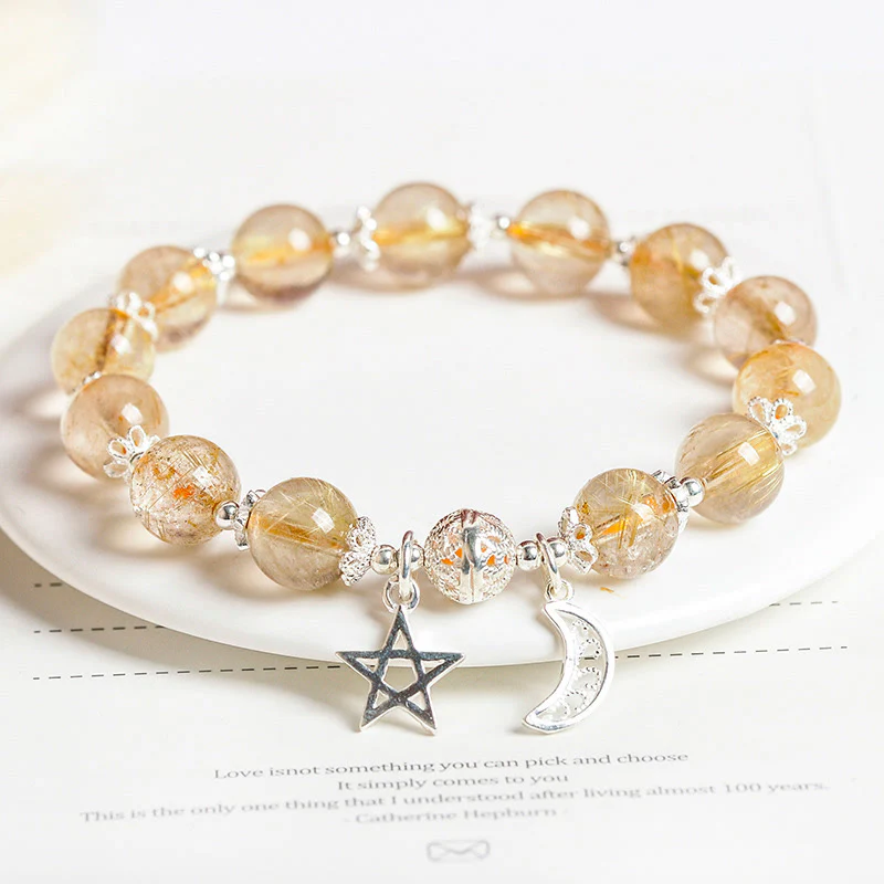Mocoer 925 Sterling Silver Natural Citrine Happiness Moon Star Charm Bracelet - Mocoer