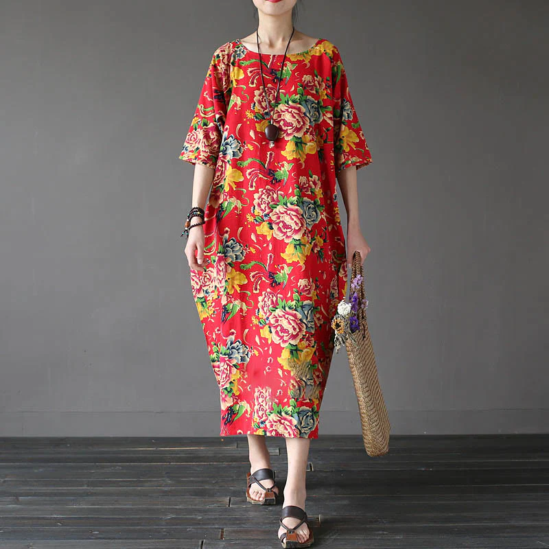 Mocoer Red Peony Flowers Printed Midi Dress Half Sleeve Cotton Linen Dress - Mocoer