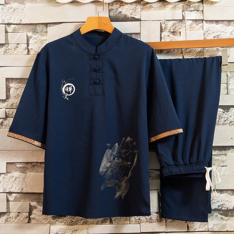 Mocoer 2Pcs Tree Pattern Cotton Linen Frog-Button Short Sleeve Shirt Pants Men's Set - Mocoer