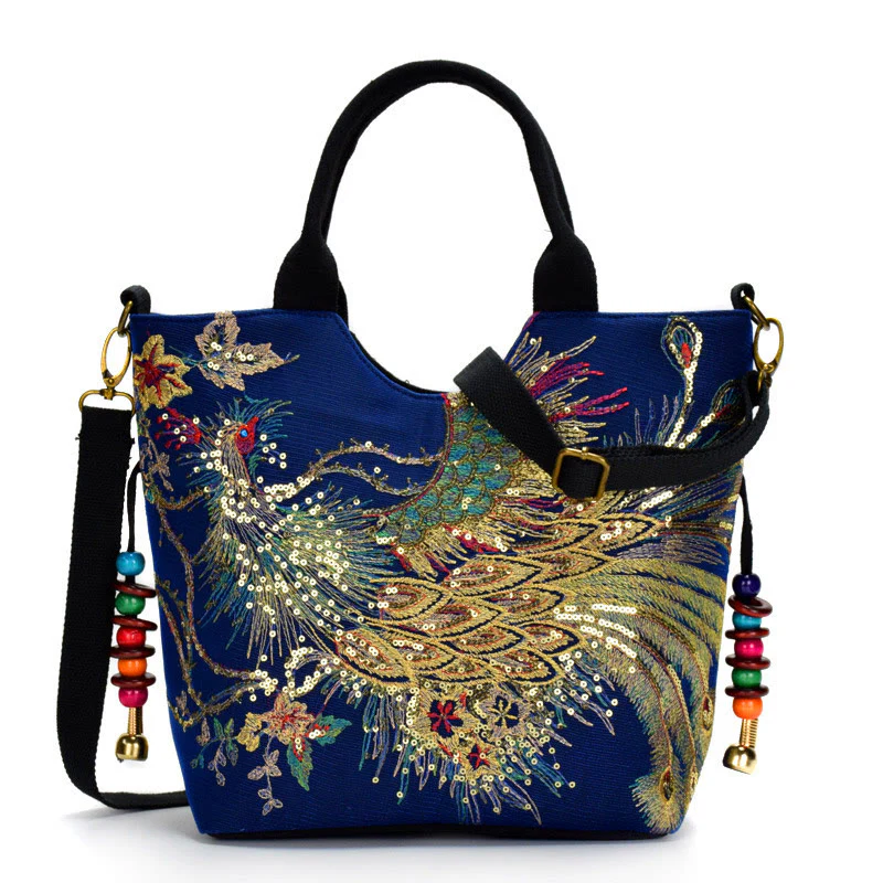 Mocoer Peacock Double-sided Embroidery Tote Bag Shoulder Bag Crossbody Bag - Mocoer