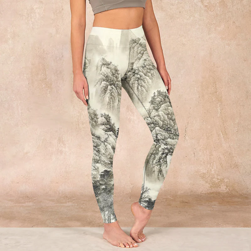 Mocoer Mountain Tree River Scenery Print Sports Leggings Women's Yoga Pants - Mocoer