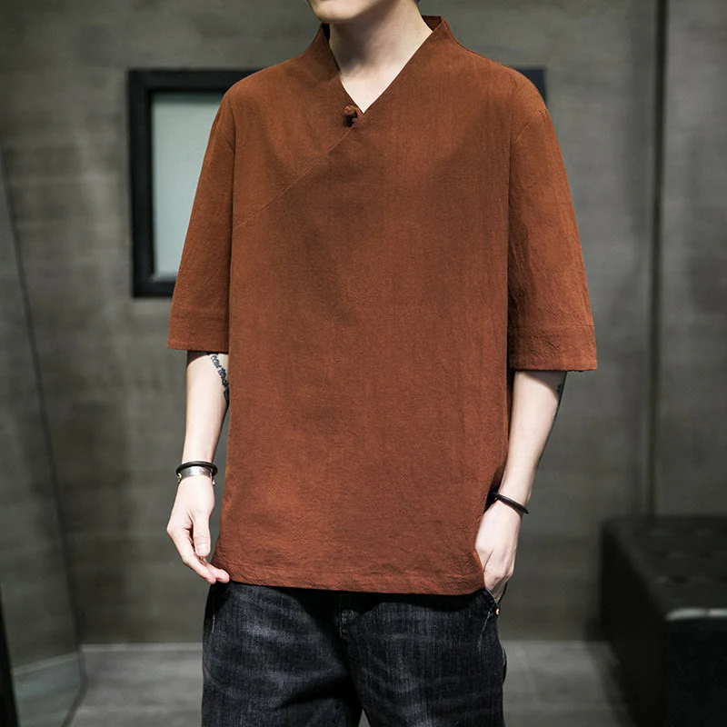 Mocoer V-Neck Plain Men's Half Sleeve Cotton Shirt - Mocoer