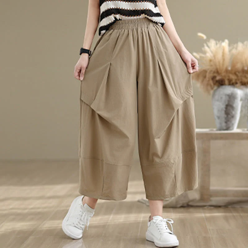 Mocoer Summer Irregular Pleating Design Cotton Women's Wide Leg Pants With Pockets - Mocoer