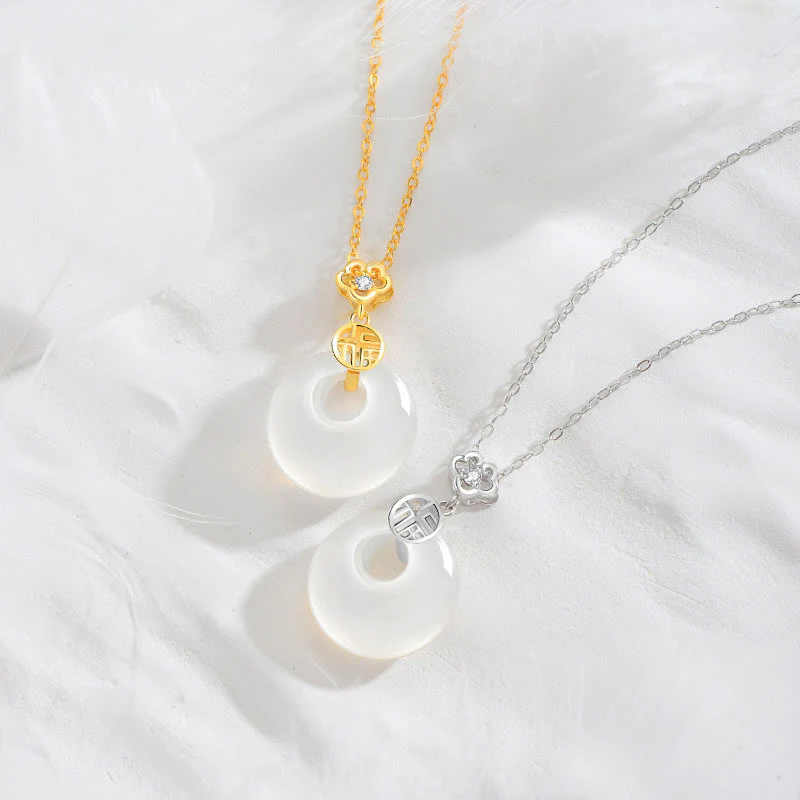 Mocoer 925 Sterling Silver White Agate Fu Character Happiness Luck Necklace Pendant - Mocoer