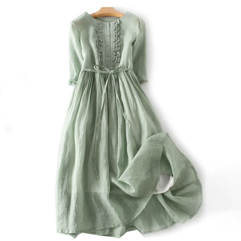 Mocoer Casual Plain Ruffle Design Short Sleeve Lace-Up Cotton Linen Women's Maxi Dress With Pockets - Mocoer