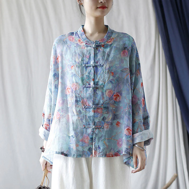 Mocoer Pink Flowers Green Leaves Print Frog-button Design Long Sleeve Ramie Linen Jacket Shirt - Mocoer