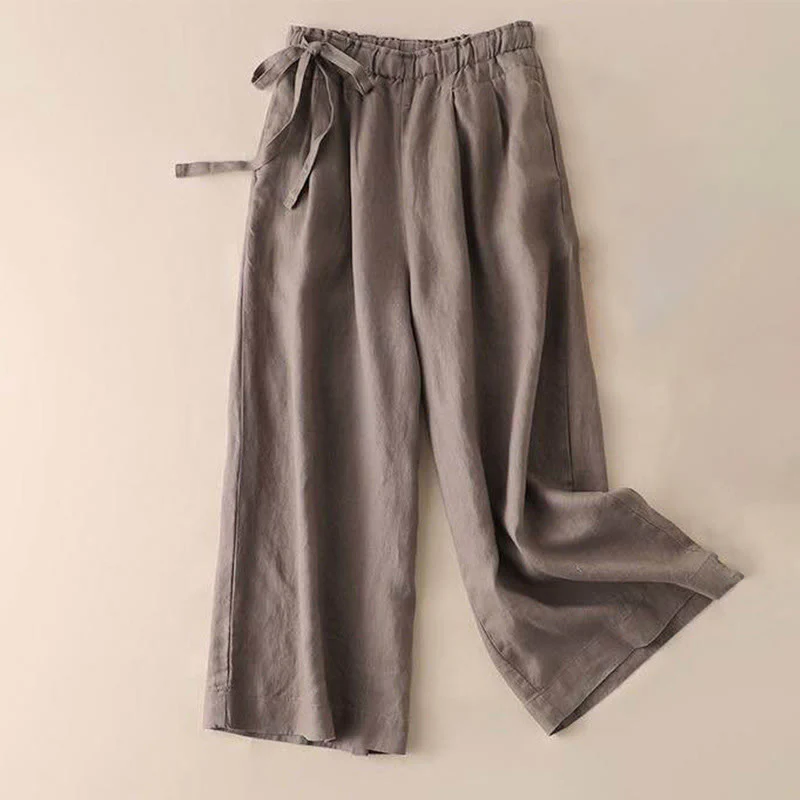 Mocoer Casual Plain Color Lace-up Cotton Linen Women's Wide Leg Pants - Mocoer