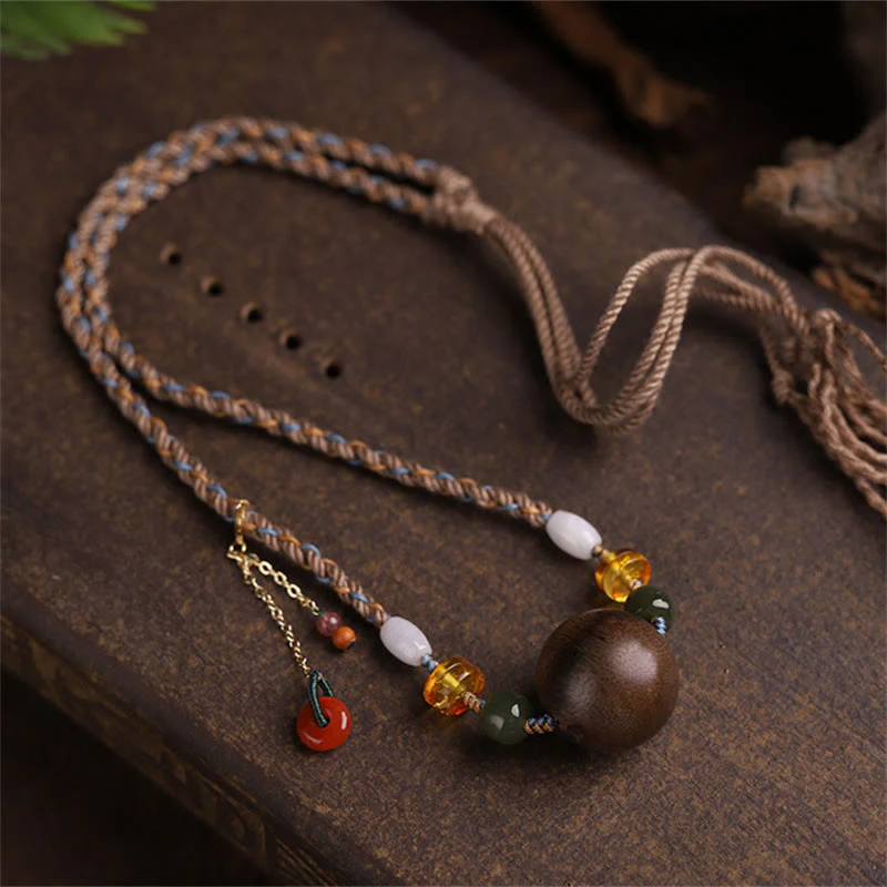 Mocoer Bai Qinan Agarwood Bead Luck Strength String Necklace Pendant - Mocoer