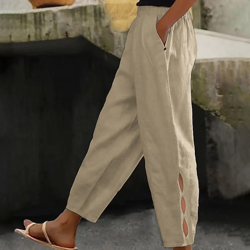 Mocoer Casual Pure Color Hollow Button Cuff Design Women's Cotton Linen Pants With Pockets - Mocoer