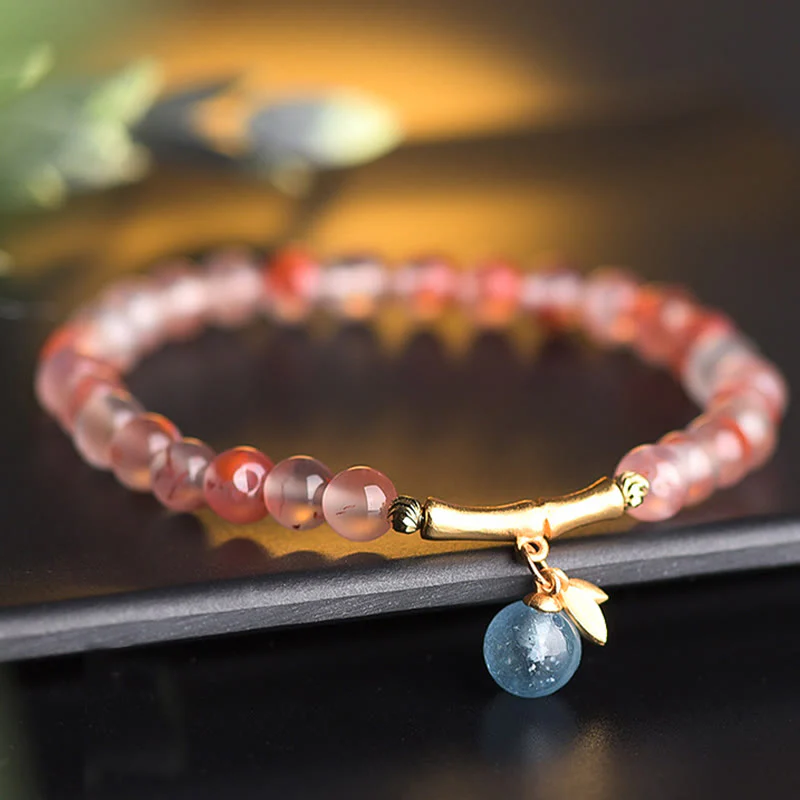 Mocoer South Red Agate Aquamarine Pearl Hetian Jade Bamboo Flower Fortune Bracelet - Mocoer
