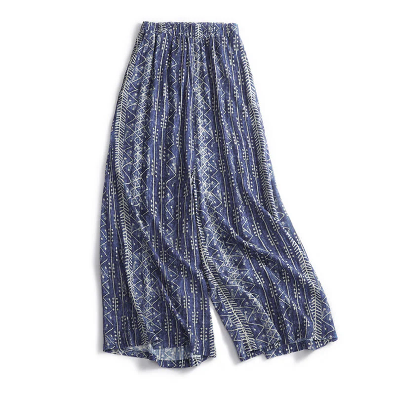 Mocoer Blue Stripes Print Cotton Linen Wide Leg Pants With Pockets - Mocoer