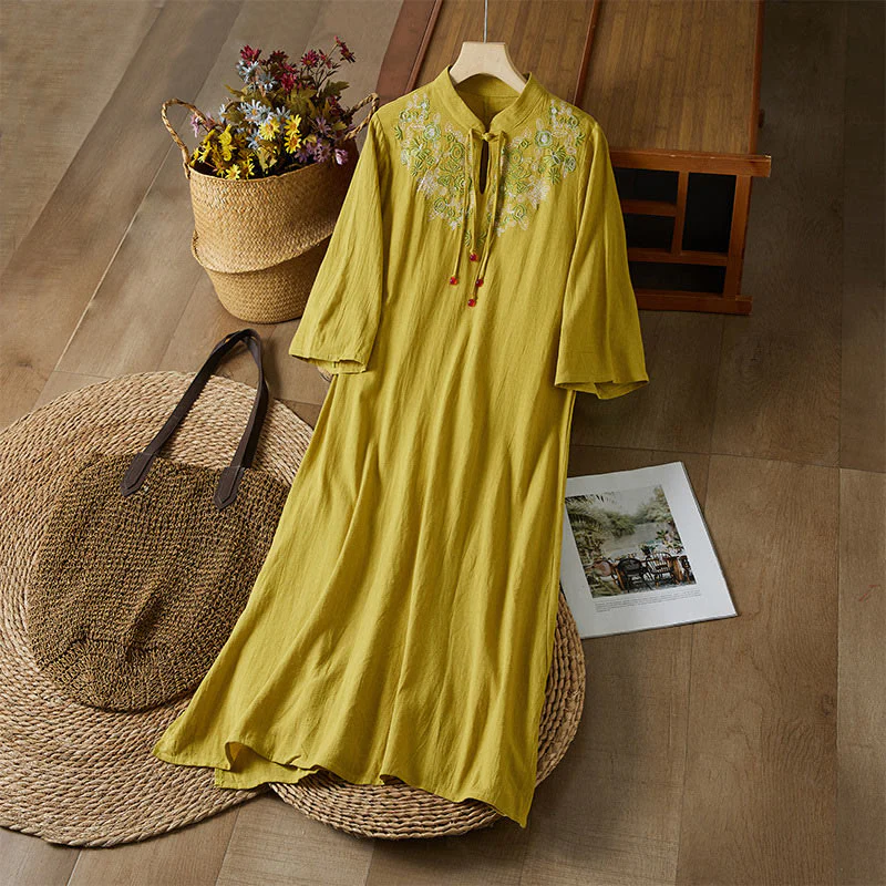 Mocoer Vintage Embroidery Frog-button Half Sleeve High Waist Cotton Linen Women's Maxi Dress - Mocoer