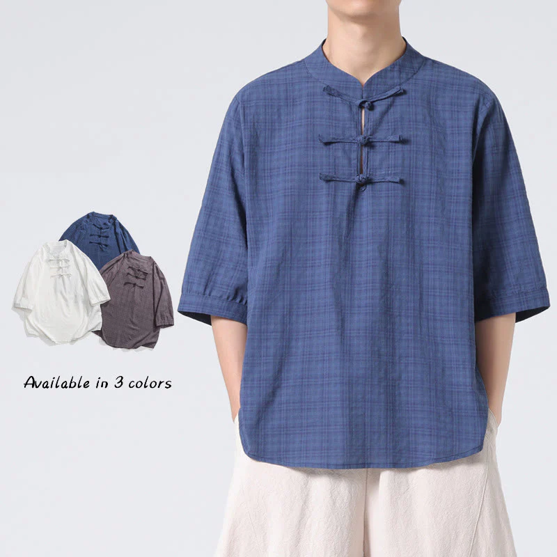 Mocoer Frog-Button Plaid Pattern Chinese Tang Suit Half Sleeve Shirt Cotton Linen Men Clothing - Mocoer