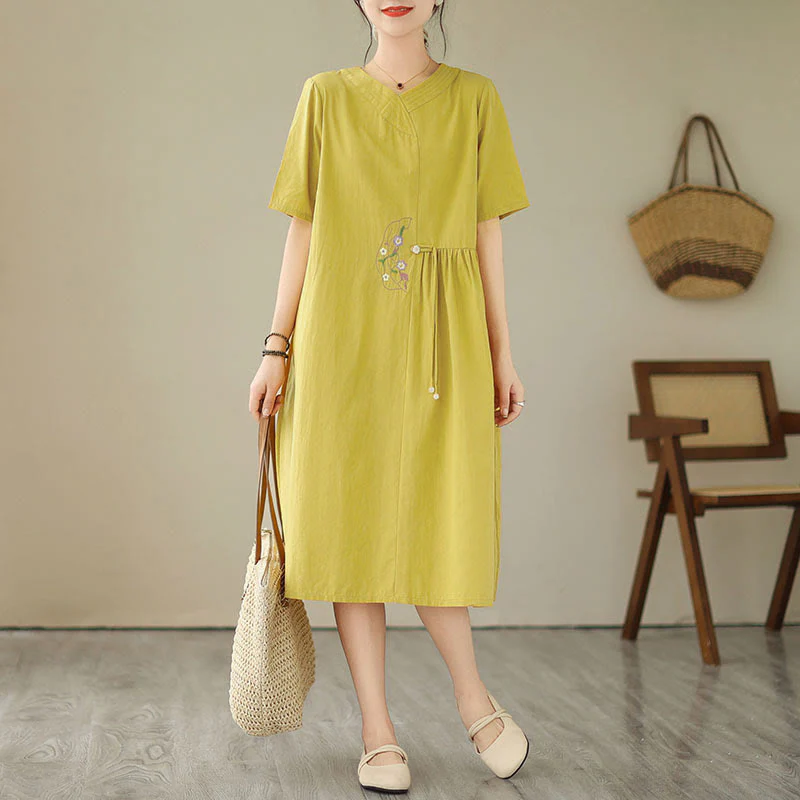 Mocoer Vintage Summer Embroidery Short Sleeve Linen Midi Dress With Pockets - Mocoer