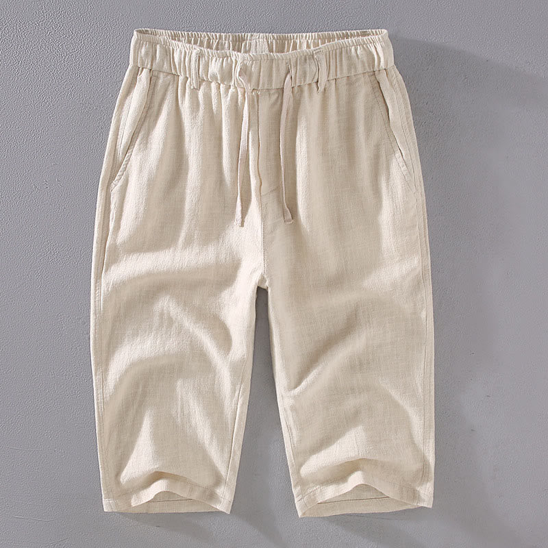 Mocoer Men's Solid Color Ramie Linen Drawstring Cropped Pants With Pockets - Mocoer