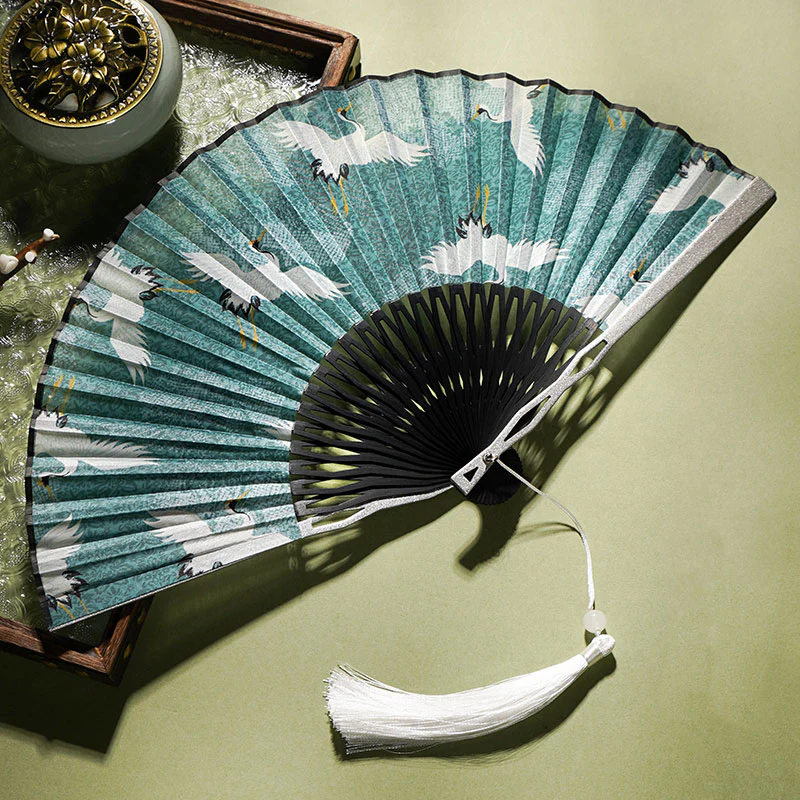 Mocoer Vintage Blue White Crane Pattern Handheld Silk Bamboo Folding Fan - Mocoer