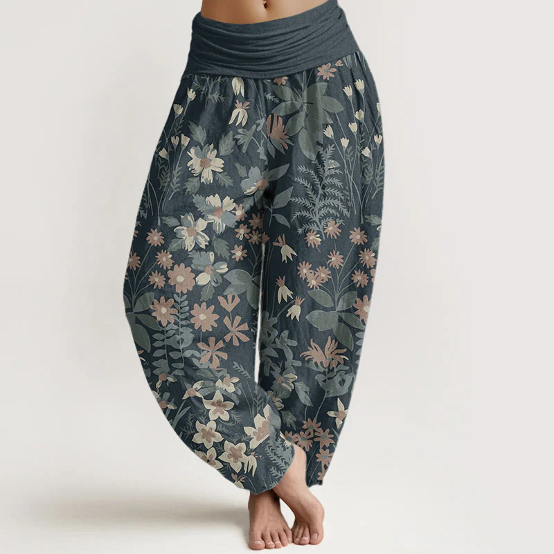 Mocoer Pure Cotton Casual Daisy Flowers Leaves Design Women's Elastic Waist Harem Pants - Mocoer