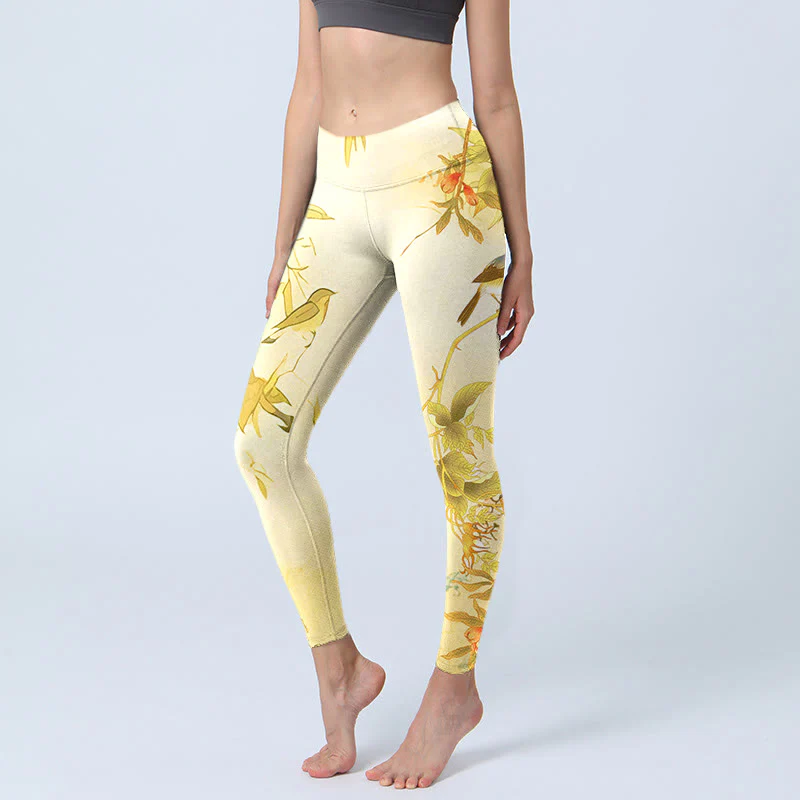 Mocoer Light Yellow Peony Flowers Birds Print Sports Leggings Women's Yoga Pants - Mocoer