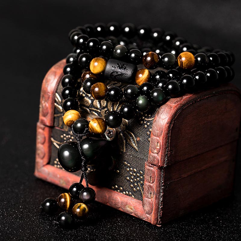 Mocoer Natural Black Obsidian Rainbow Obsidian Gourd Blessing Bracelet Mala - Mocoer