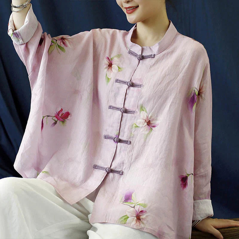 Mocoer Pink Flower Print Frog-button Design Batwing Long Sleeve Ramie Linen Jacket Shirt - Mocoer