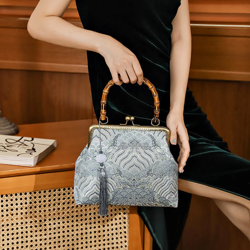 Mocoer Silver Lines Bamboo Handle Metal Chain Crossbody Bag Handbags - Mocoer