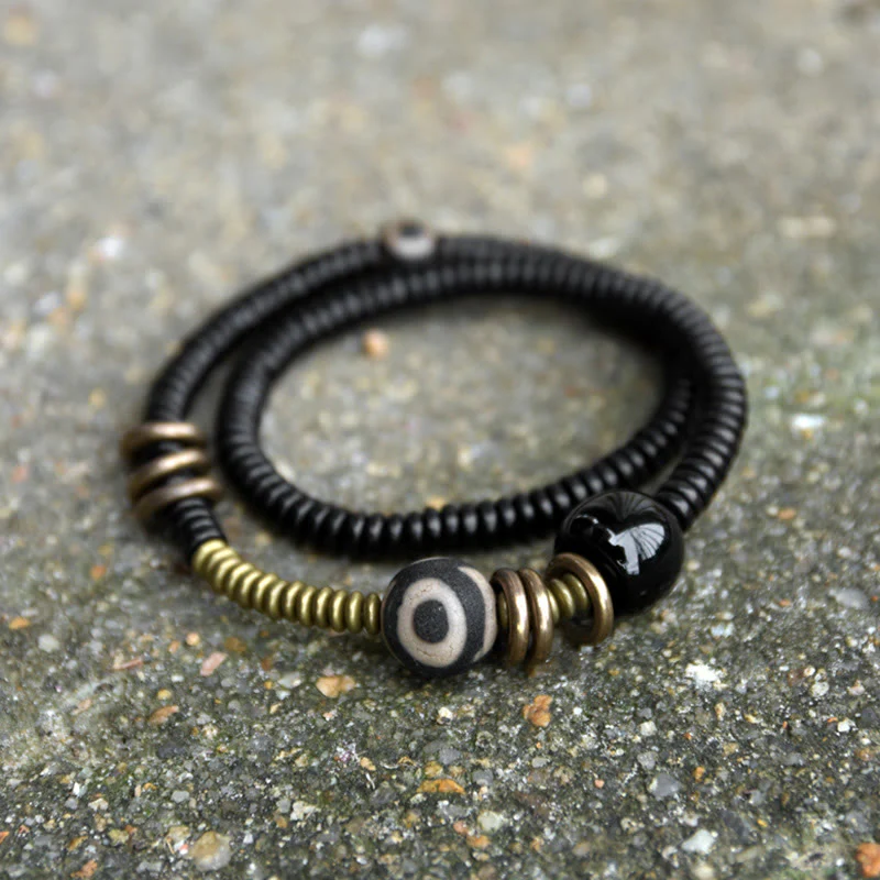 Mocoer Ebony Wood Green Sandalwood Copper Brass Dzi Bead Black Onyx Calm Double Wrap Bracelet - Mocoer