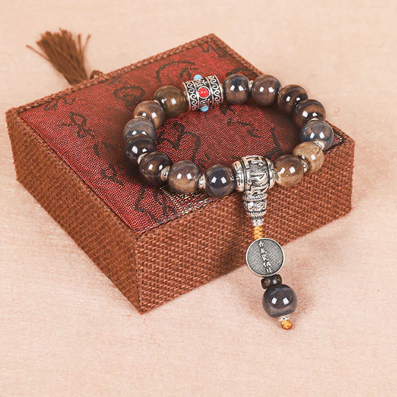 Mocoer Tibet Om Mani Padme Hum Prayer Wheel Dorje Vajra Engraved Glass Bead Wisdom Bracelet - Mocoer
