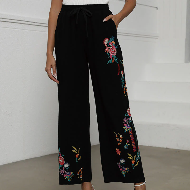 Mocoer Black Summer Plain Ethnic Embroidery Cotton Linen Drawstring Women's Pants With Pockets - Mocoer